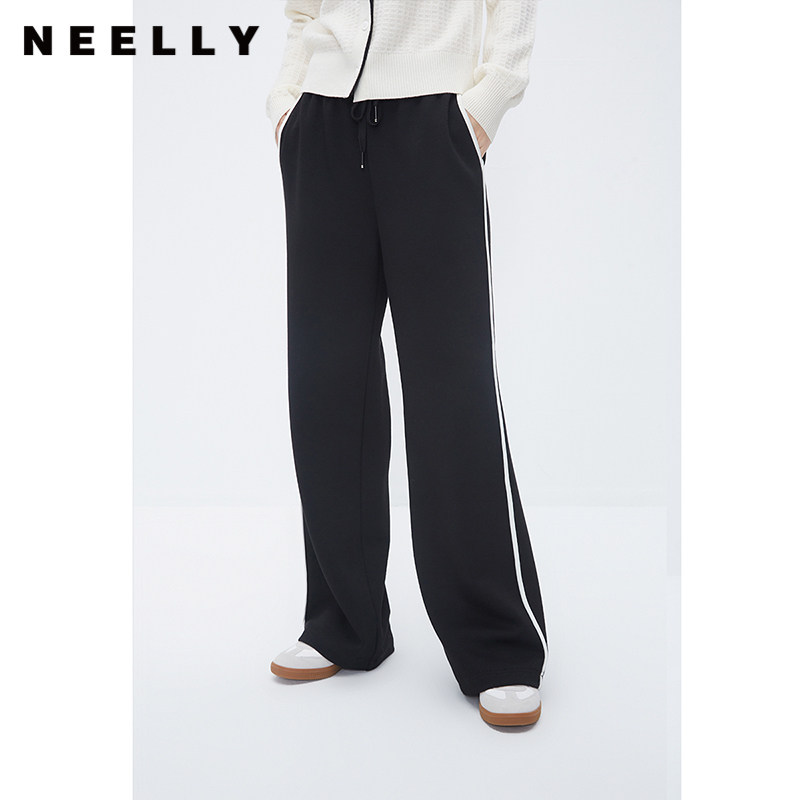 NEELLY纳俪商场同款秋冬黑色阔腿裤卫裤侧条纹直筒显瘦休闲运动裤