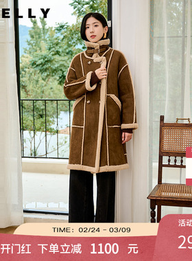 NEELLY纳俪商场同款冬季新款复古美拉德麂皮绒保暖外套女长款大衣