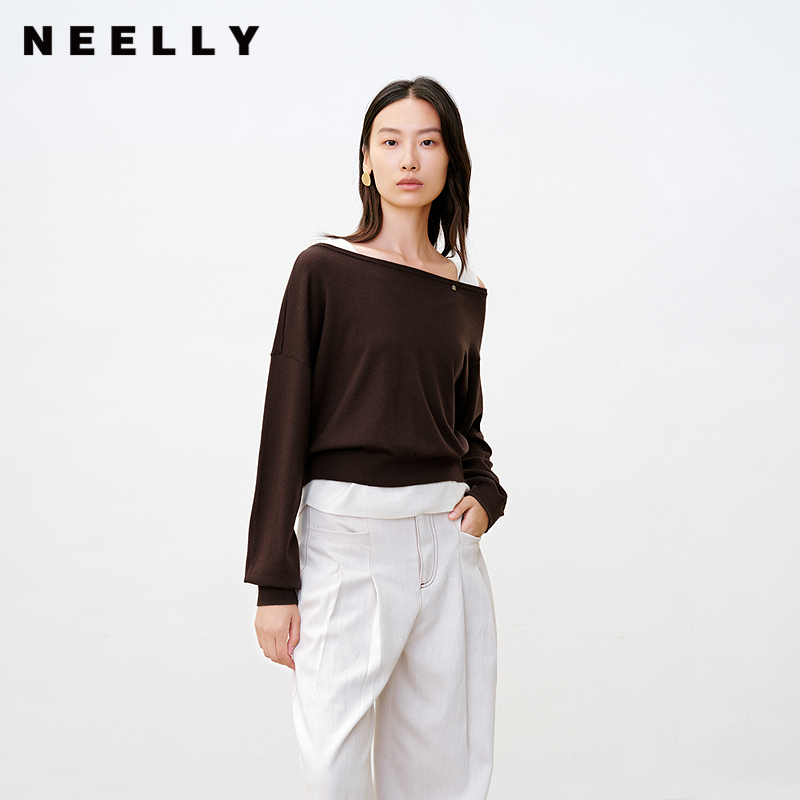 NEELLY纳俪商场同款秋季新款法式休闲一字领针织衫女休闲舒适上衣