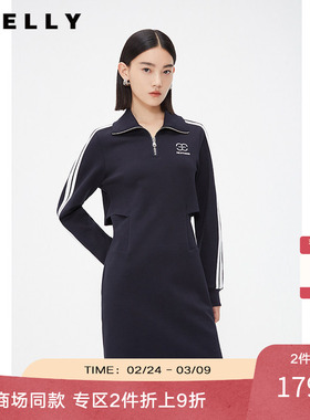NEELLY纳俪商场同款卫衣连衣裙女春秋polo领休闲收腰镂空中长裙
