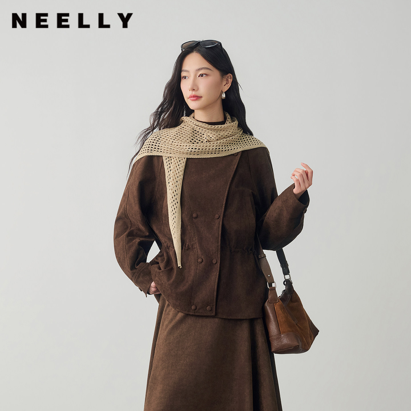 NEELLY纳俪商场同款冬新款复古仿麂皮短外套女收腰抽绳松弛感上衣