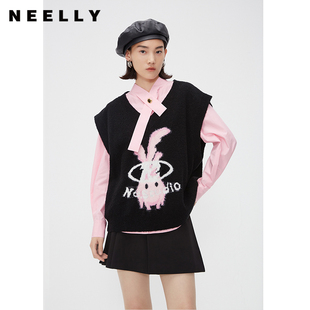 NEELLY纳俪商场同款 上衣 春款 黑色针织套头马夹女V领百搭甜美无袖