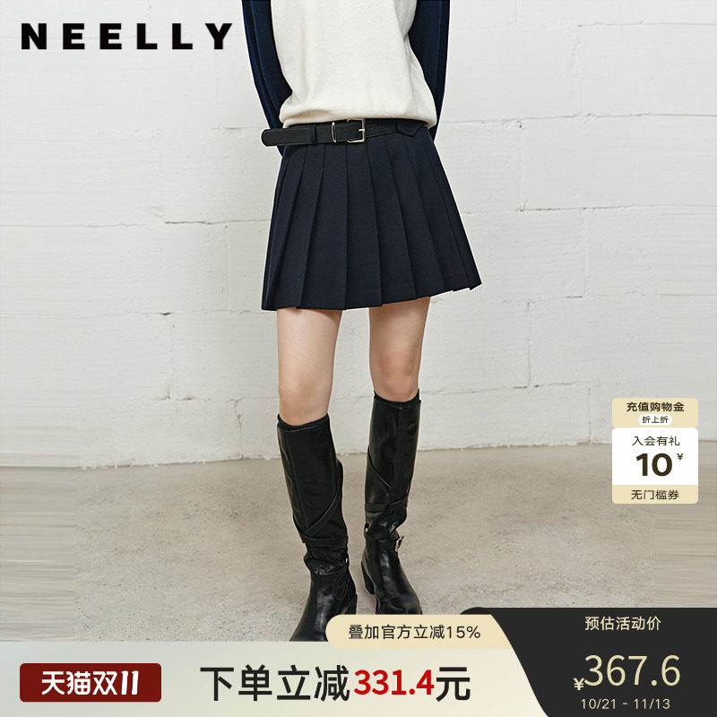 NEELLY纳俪商场同款冬季新款高腰显瘦百褶裙女学院风时髦百搭短裙