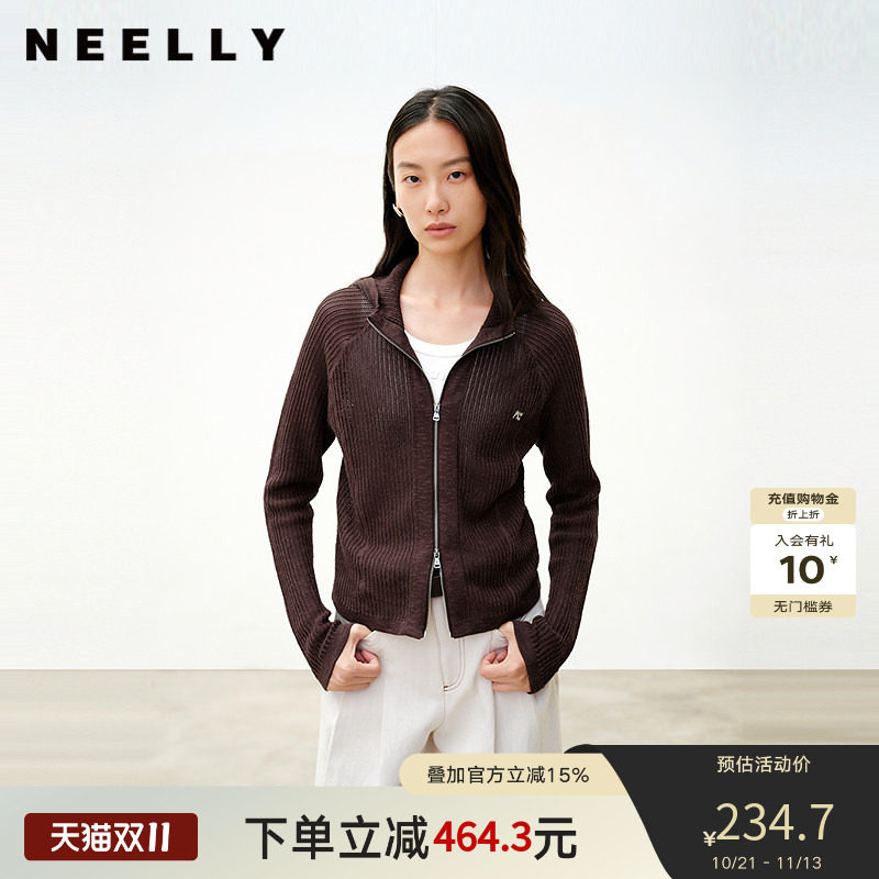 NEELLY纳俪商场同款春秋新款休闲简约针织衫女百搭舒适短款开衫