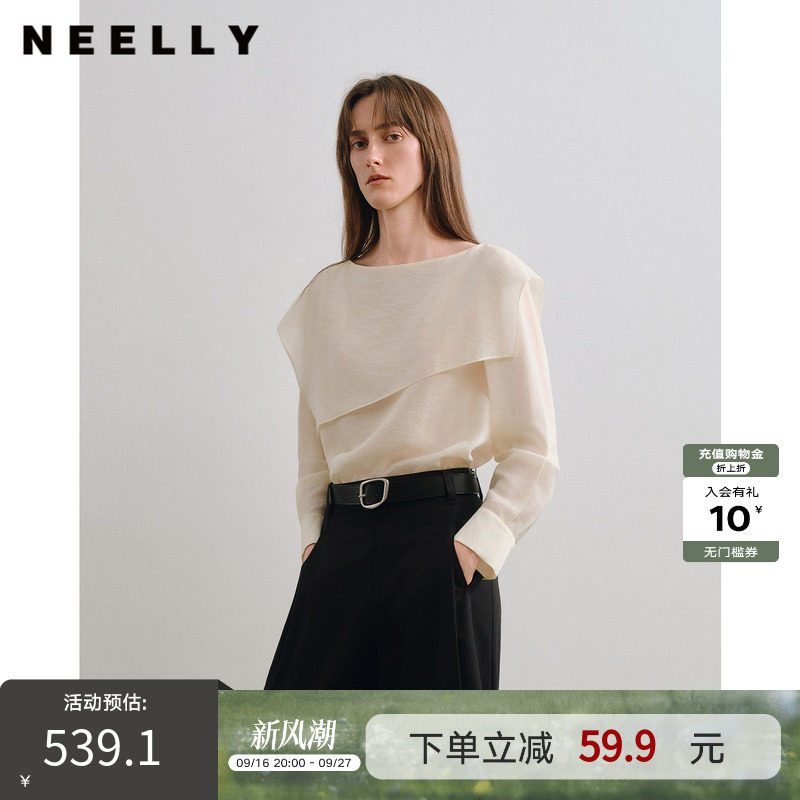 NEELLY纳俪商场同款秋季新款一字斜翻领衬衫女知性极简风流动上衣