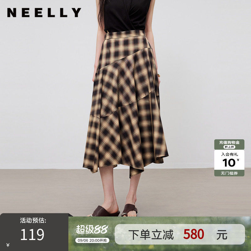 NEELLY纳俪商场同款夏新款复古格纹不规则半裙女垂感艺术生中长裙