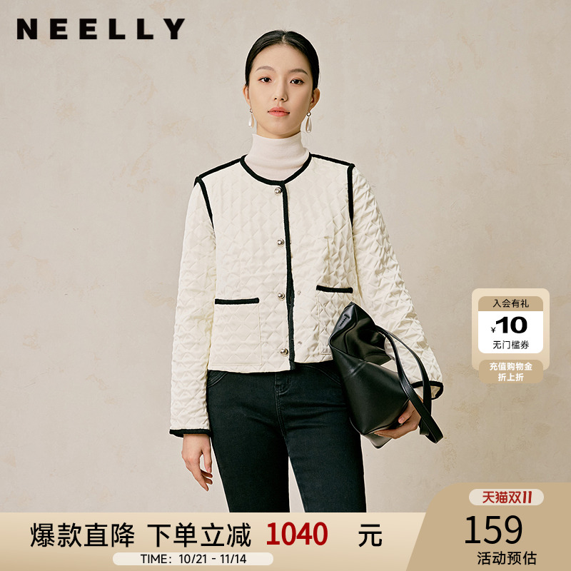 NEELLY纳俪商场同款冬季新款白色菱格短款棉衣女通勤轻薄棉服外套