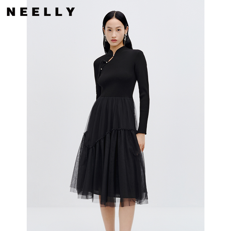 NEELLY纳俪商场同款针织网纱拼接连衣裙女春季新款黑色新中式长裙