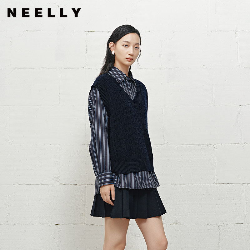 NEELLY纳俪商场同款冬新款复古百搭针织马甲女绞花软糯学院风上衣