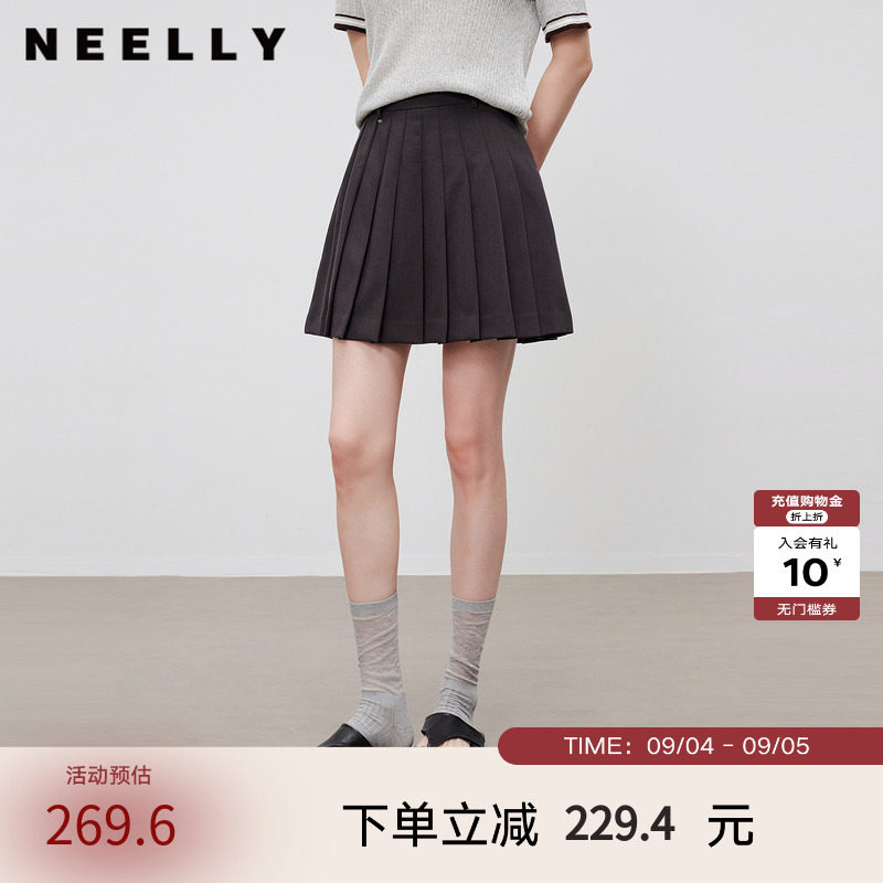 NEELLY纳俪商场同款夏季新款时尚高腰百褶裙女百搭显瘦A字短裙