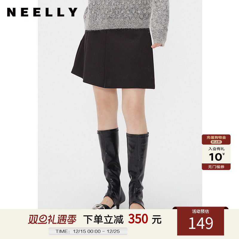 NEELLY纳俪商场同款秋款百搭百褶裙短裙女黑色简约通勤显瘦A字裙