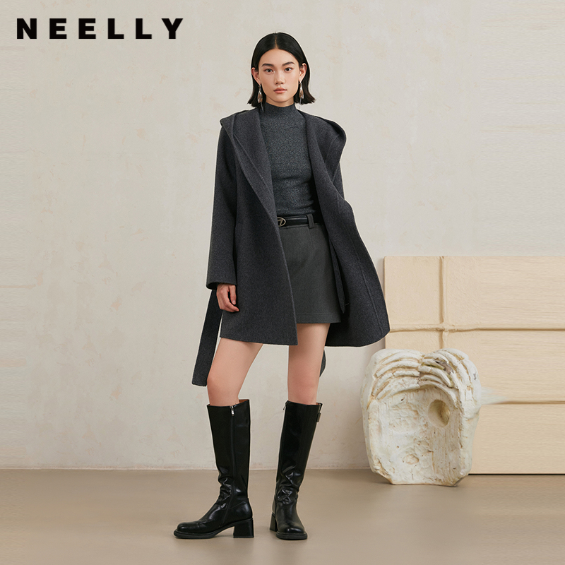 NEELLY纳俪商场同款冬季新款法式绵羊毛双面毛呢外套女连帽大衣