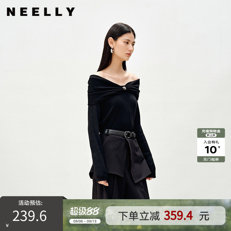 NEELLY纳俪商场同款春秋新款亲肤优雅一字肩针织衫女显瘦舒适上衣
