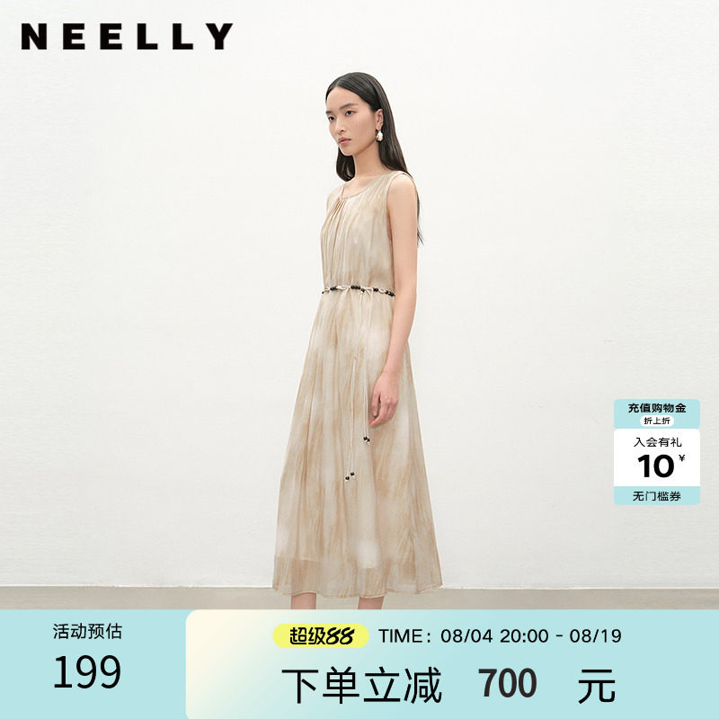 NEELLY纳俪商场同款夏季新款圆领休闲无袖连衣裙女收腰显瘦长裙