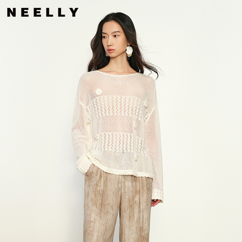 NEELLY纳俪商场同款秋冬新款设计感随性休闲镂空长袖针织衫女毛衣