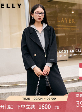 NEELLY纳俪商场同款冬季新款廓形绵羊毛双面毛呢大衣黑色外套女