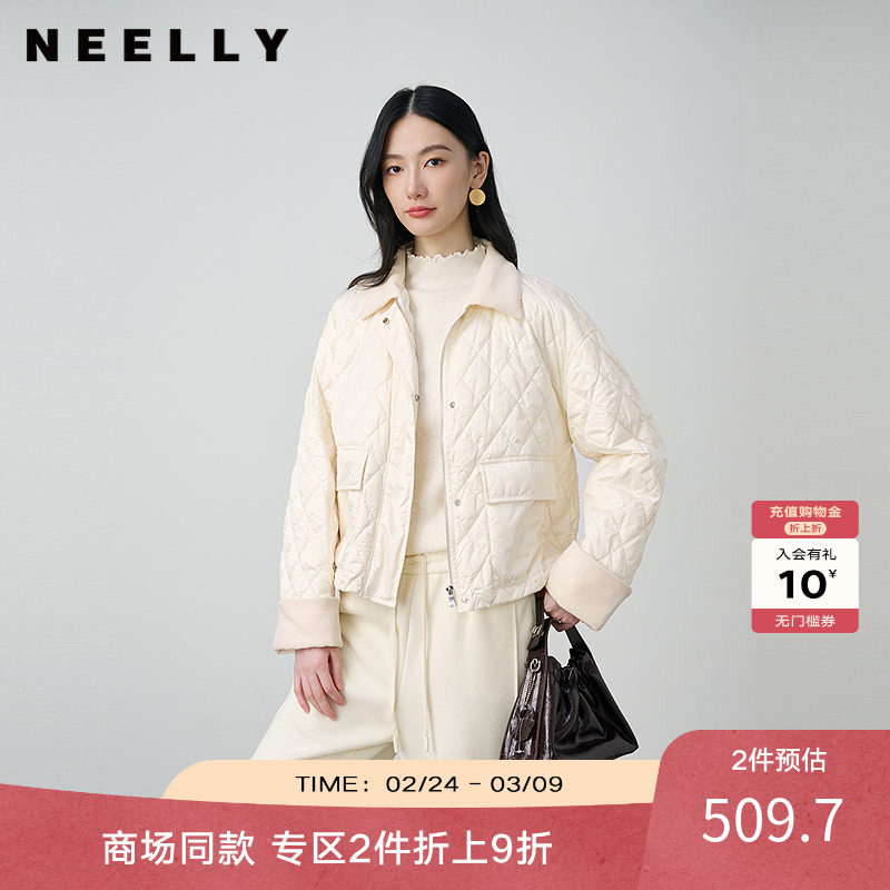 NEELLY纳俪商场同款冬季新款轻薄白鸭绒翻领短款毛领羽绒服外套女