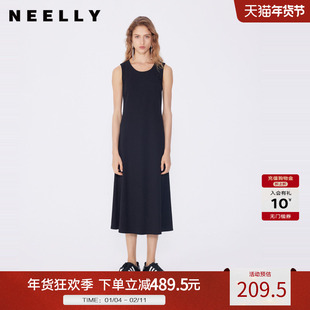 NEELLY纳俪商场同款春秋新款高级简约设计感连衣裙女显瘦个性长裙