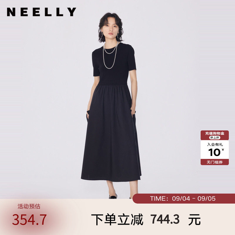 NEELLY纳俪商场同款夏新款黑色显瘦短袖针织拼接连衣裙女收腰长裙图片