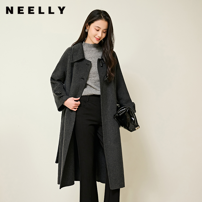 NEELLY纳俪商场同款冬季新款气质通勤羊毛呢大衣女立裁长款外套