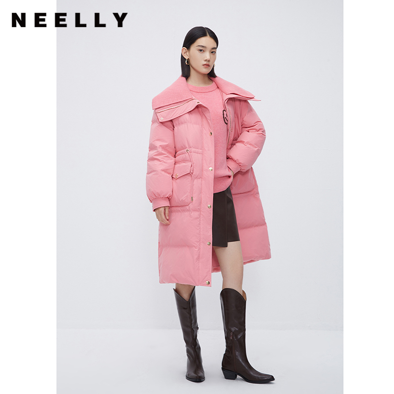 NEELLY纳俪商场同款大翻领过膝羽绒大衣女新休闲时尚粉色中长外套