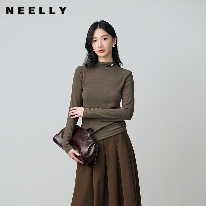 NEELLY纳俪商场同款秋冬新款纯色亲肤打底衫女半高领修身内搭上衣