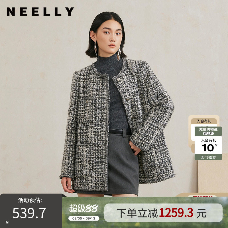 NEELLY纳俪商场同款冬季新款高级感粗花呢绵羊毛小香风长外套女