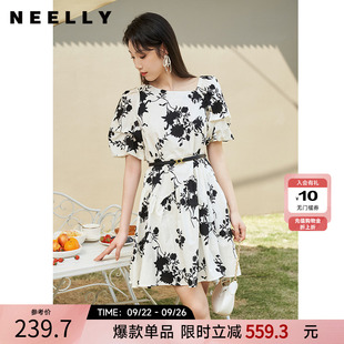 NEELLY纳俪商场同款 夏设计感印花收腰连衣裙白色女小清新A字裙