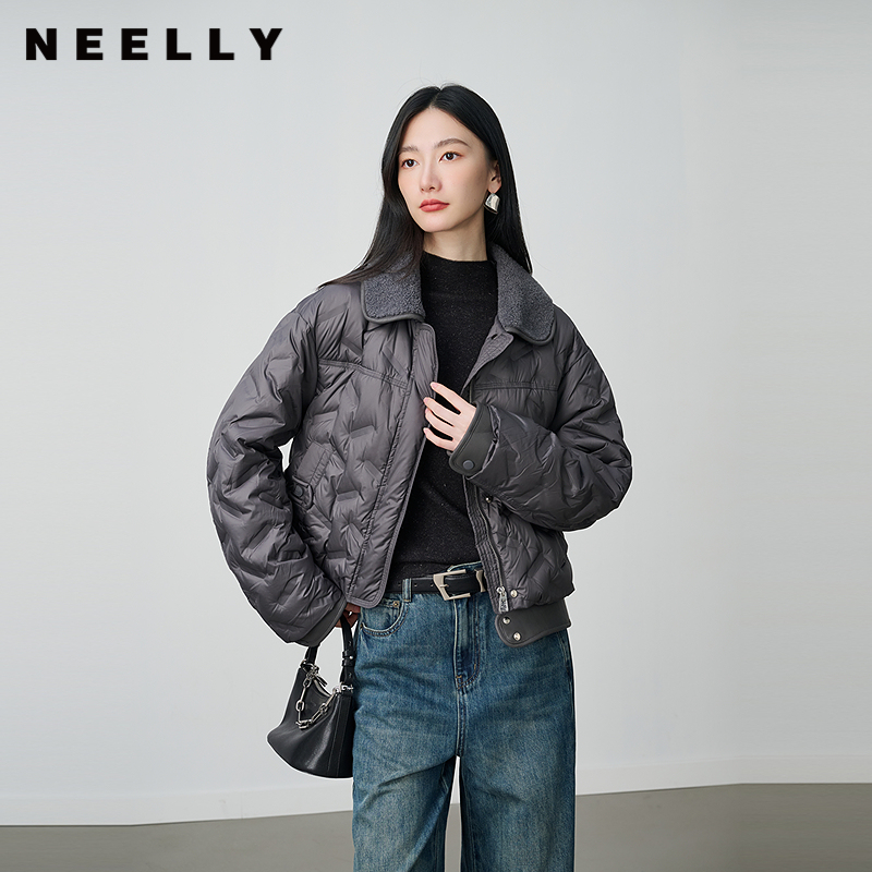 NEELLY纳俪商场同款冬新款时尚短款肌理感羽绒服女百搭小翻领外套
