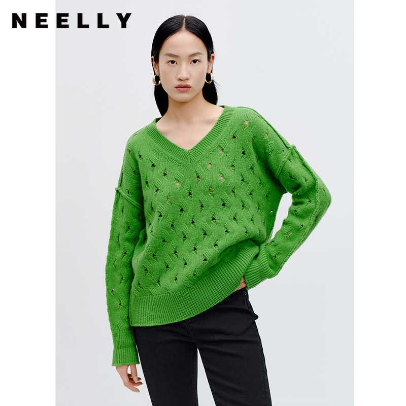 NEELLY纳俪V领镂空针织衫