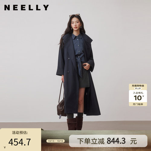 NEELLY纳俪商场同款秋季新款气质通勤双排扣长风衣女休闲百搭外套