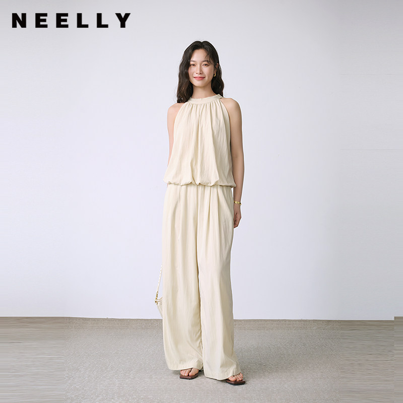 NEELLY纳俪商场同款夏新款气质无袖挂脖上衣两件套女通勤百搭套装