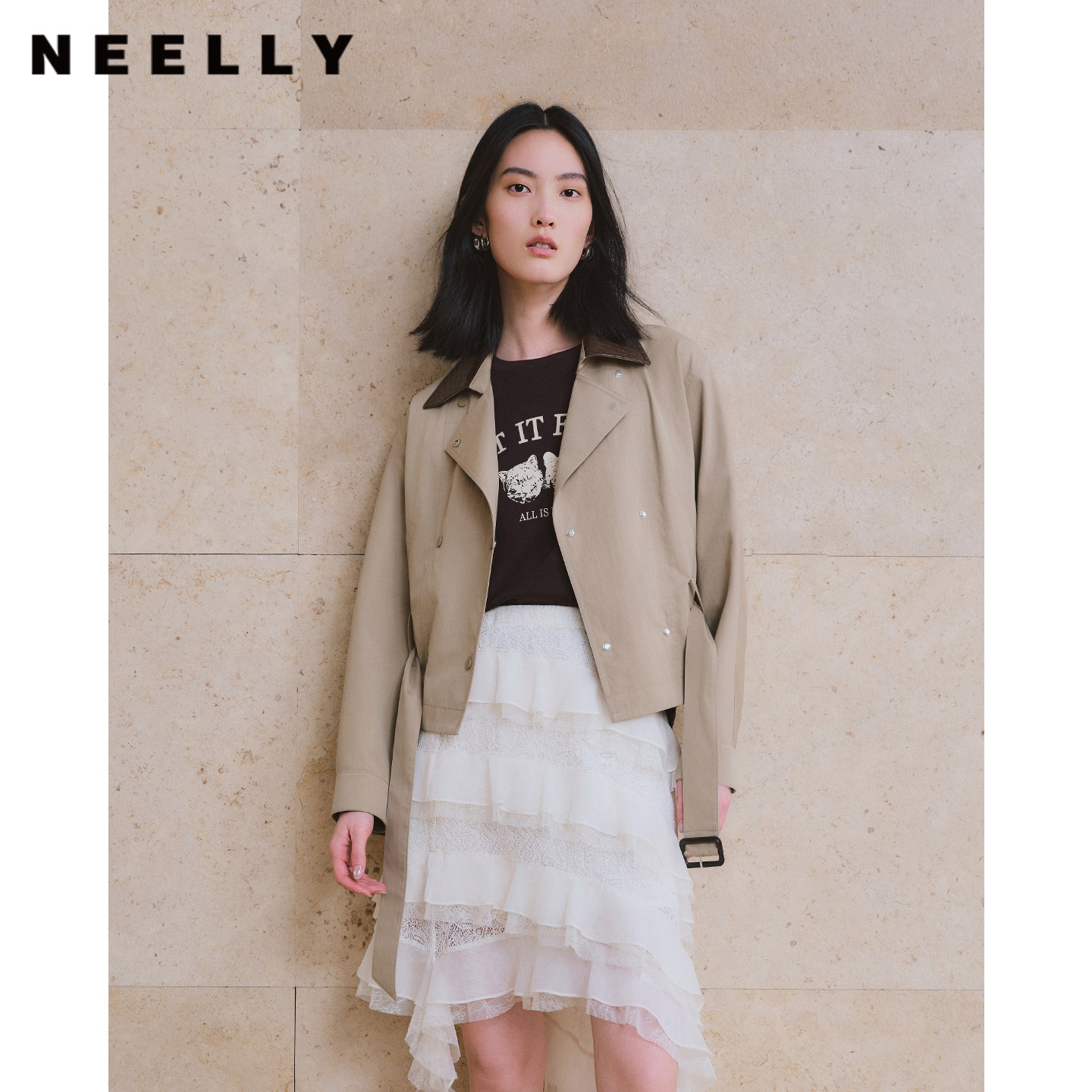 NEELLY纳俪商场同款秋新款复古拼皮翻领短风衣女双排扣小个子外套