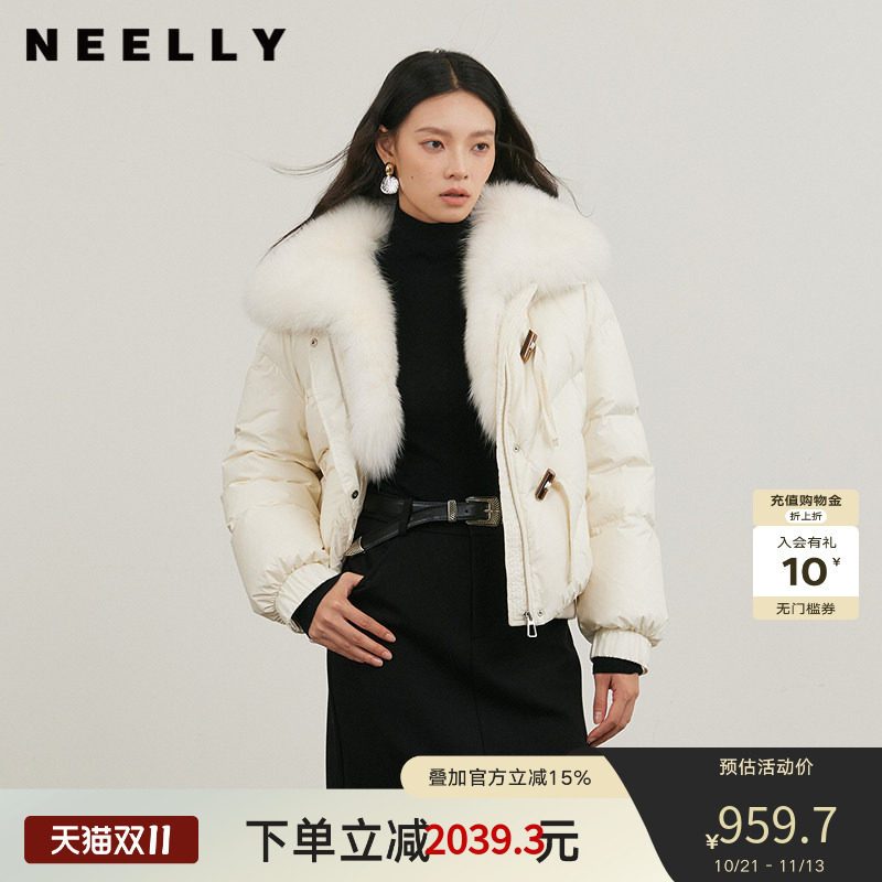 NEELLY纳俪商场同款冬新款狐狸毛领宽松羽绒服女90白鸭绒短款外套