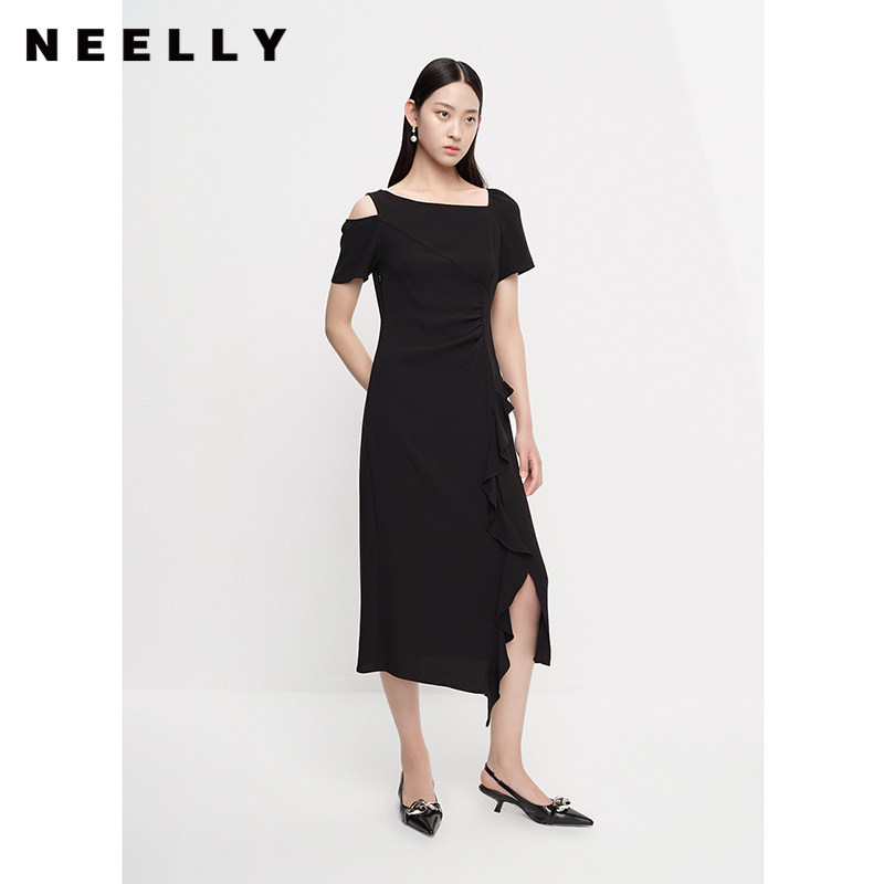 NEELLY纳俪商场同款夏季新款时尚修身连衣裙女百搭收腰开衩长裙