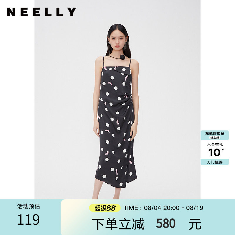 NEELLY纳俪商场同款春秋波点捏褶吊带连衣裙女设计感开叉中长裙
