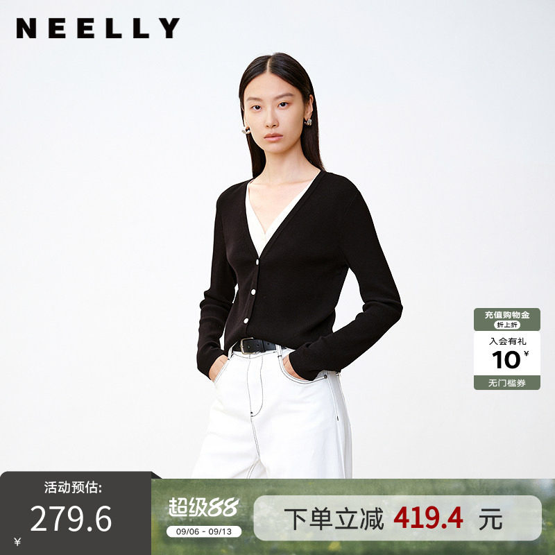 NEELLY纳俪商场同款秋冬新款撞色假两件V领针织衫女软糯舒适上衣