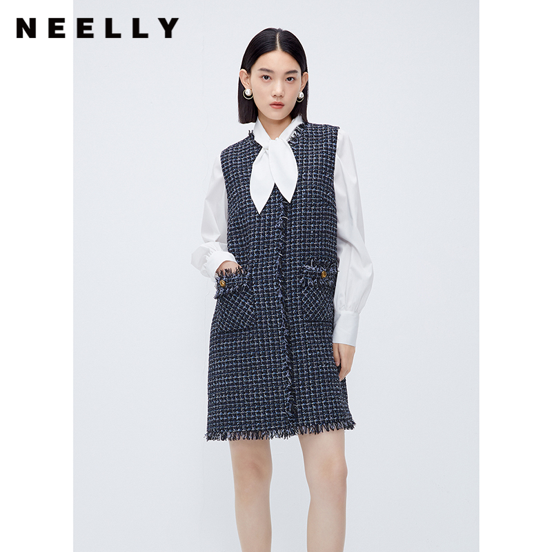 NEELLY小香风千鸟格无袖马甲裙