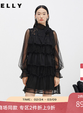 NEELLY纳俪商场同款冬季新款黑色蕾丝连衣裙女中长款气质蛋糕裙