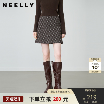 NEELLY纳俪商场同款秋季新款复古百搭格纹短裙女慵懒显瘦A字裙