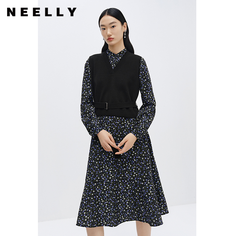 NEELLY纳俪商场同款立领碎花连衣裙女中长款A字裙V领马甲两件套