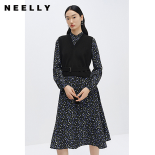 NEELLY纳俪商场同款 A字裙V领马甲两件套 立领碎花连衣裙女中长款