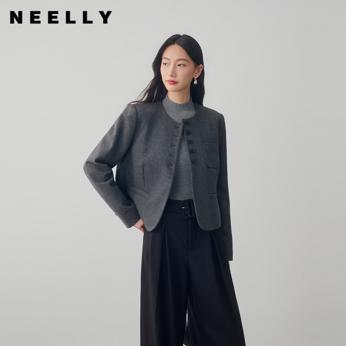 NEELLY纳俪商场同款冬季新款法式气质圆领短外套女艺术感灰调上衣