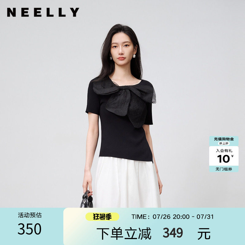 NEELLY纳俪商场同款夏新款法式气质蝴蝶结针织衫女修身显瘦短上衣