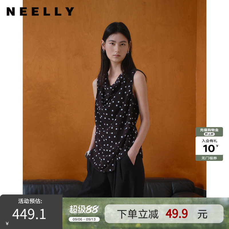 NEELLY纳俪商场同款夏新款复古波点荡领无袖上衣女撞色设计雪纺衫