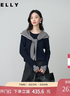 NEELLY纳俪商场同款春秋新款休闲披肩撞色针织衫女学院风个性上衣