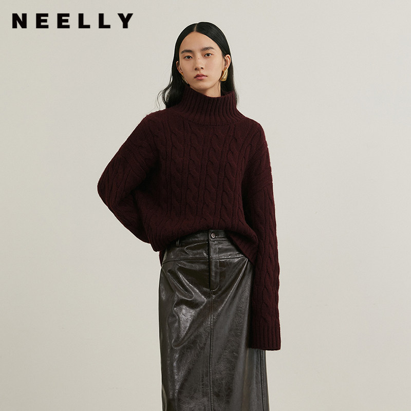 NEELLY纳俪商场同款冬季新款羊毛衬衫领柔软针织衫女舒适通勤毛衣