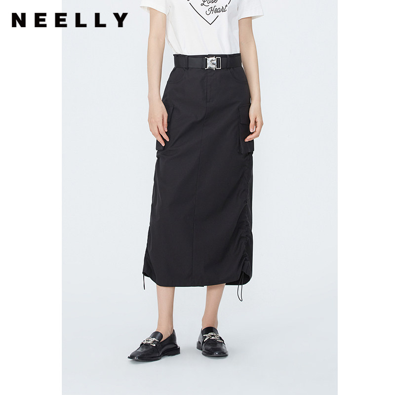 NEELLY纳俪商场同款夏新款美式复古工装半裙女抽绳褶皱后开叉腰裙