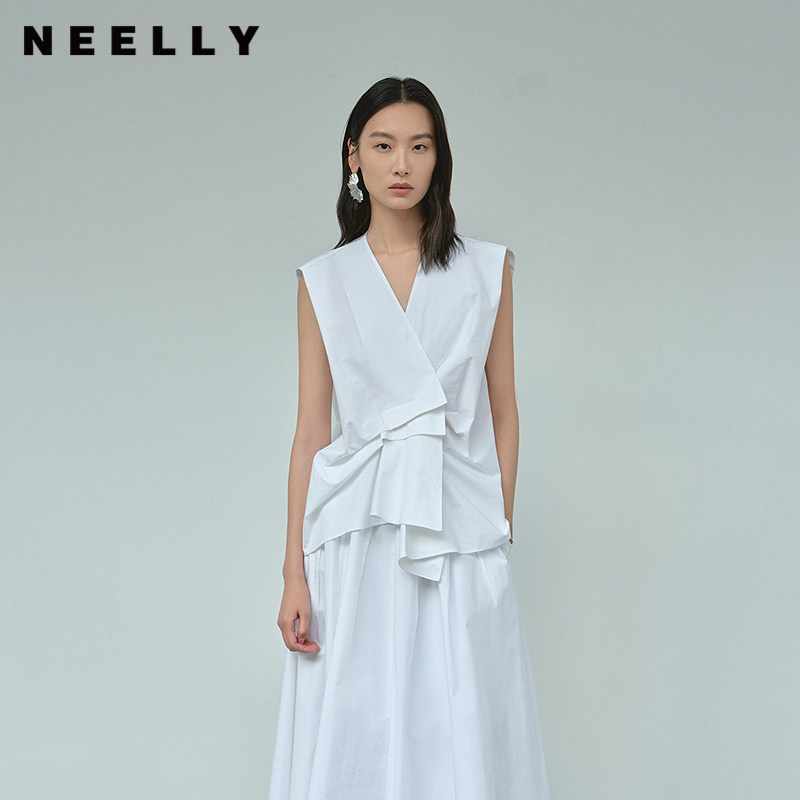 NEELLY纳俪商场同款夏新款V领设计感无袖马甲女气质收腰百搭上衣