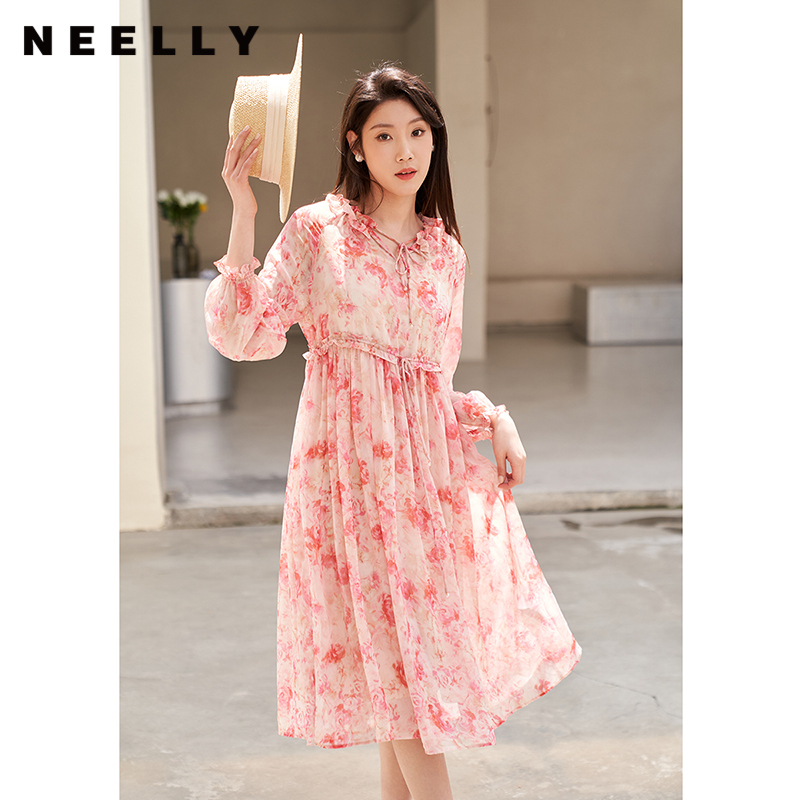 NEELLY纳俪商场同款法式碎花连衣裙女夏季长袖V领系带高腰裙子夏